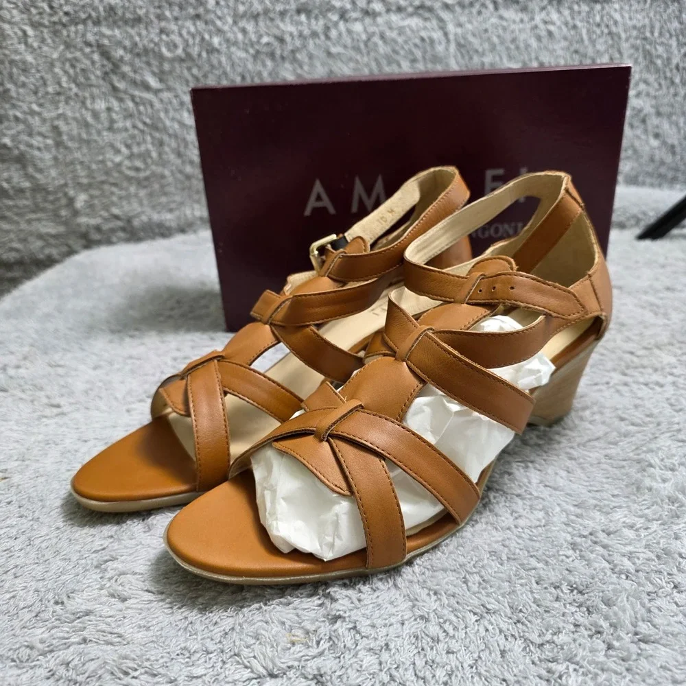 NEW Amalfi‎ Rangoni Sandals 10M Brown Italian Leather Wedge Heel Strappy Shoes